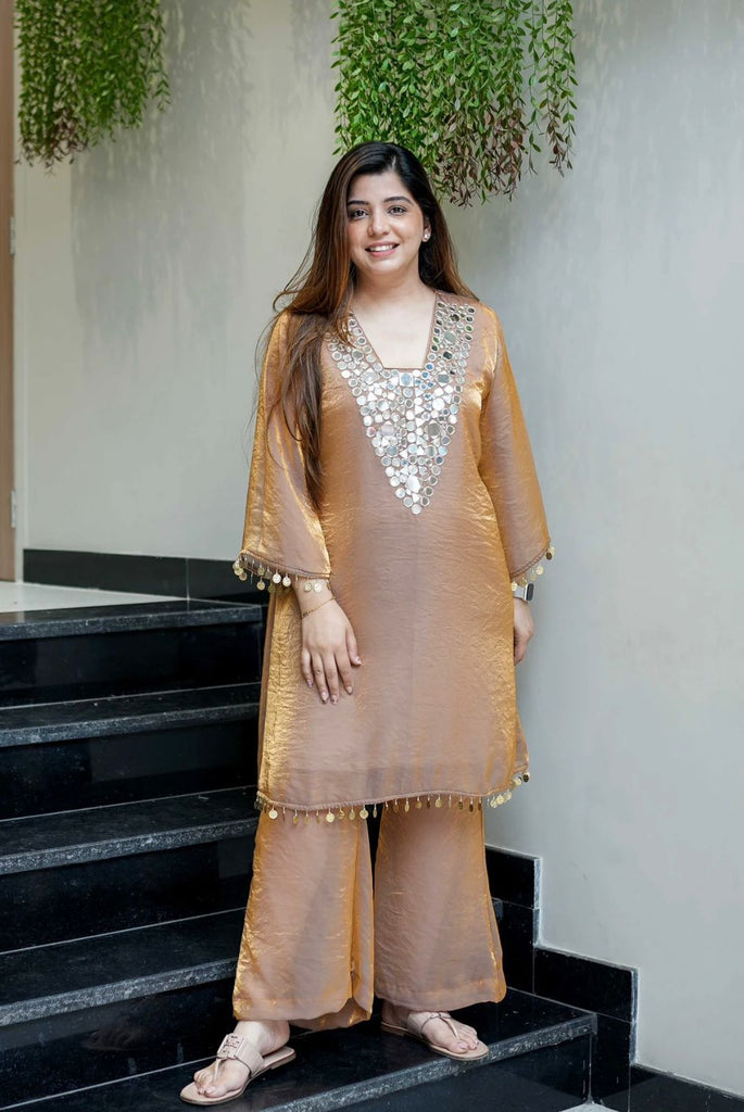 Presenting Beautiful Heavy quality Frenddy Fabric designer festive wear 2pc Cord Set  with Bell  Sleeves & Crape Lining.