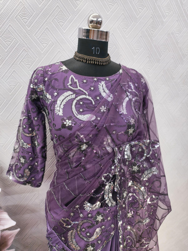 DESIGNER HEAVY NATURAL SILK AND SOFT NET WITH  EMBROIDERY SEQUENCE WORK