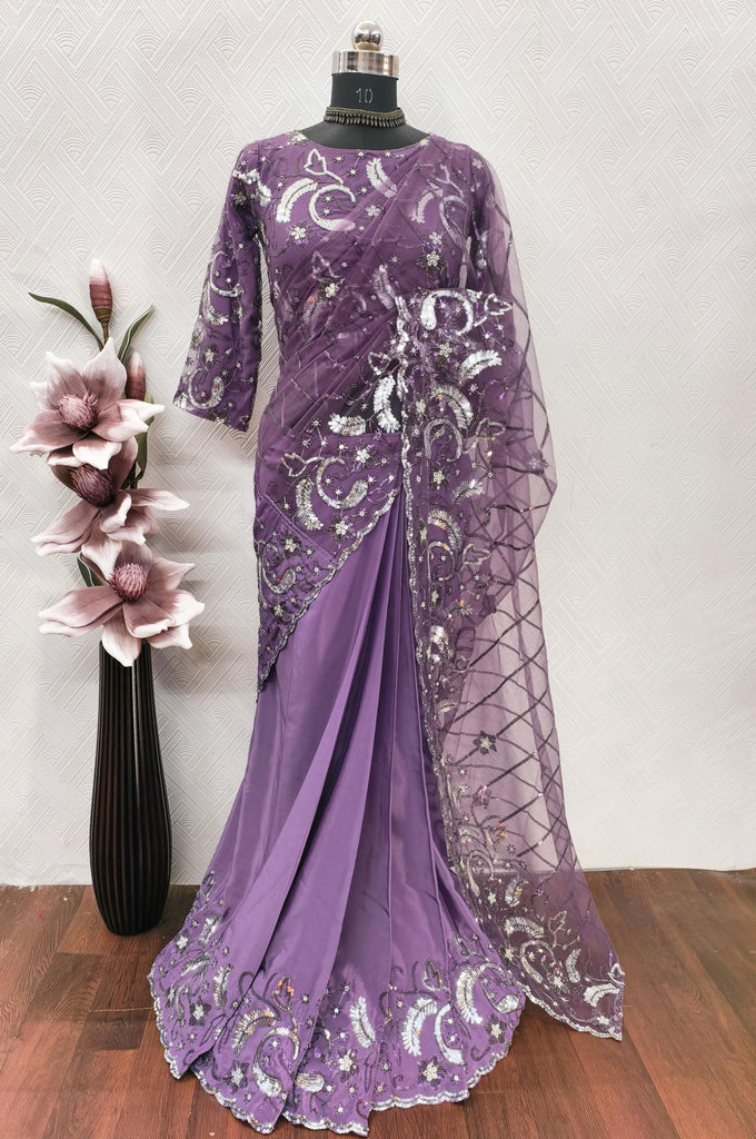 DESIGNER HEAVY NATURAL SILK AND SOFT NET WITH  EMBROIDERY SEQUENCE WORK