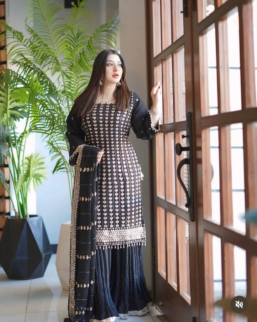 Presenting New Fox Georgette Top-Sarara and Dupatta Set Fully Stitched Ready To Wear