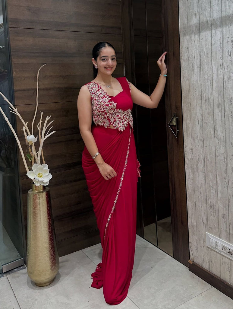 Trending Embroidery cording work ready to wear saree with Embroidery Blouse