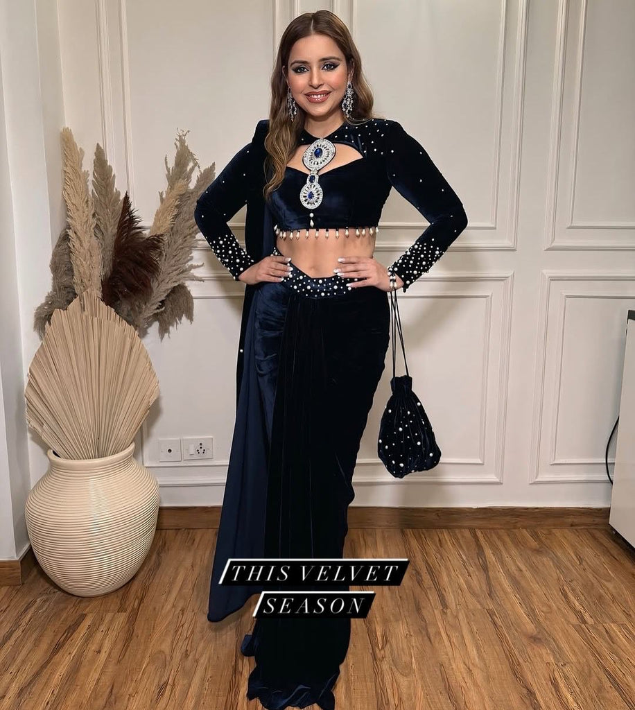 New Velvet Indo Western Drape Lehenga Saree