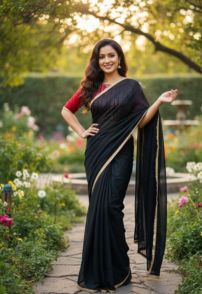 Black ELEGANT STAR GEORGETTE SAREE WITH STITCHED BLOUSE