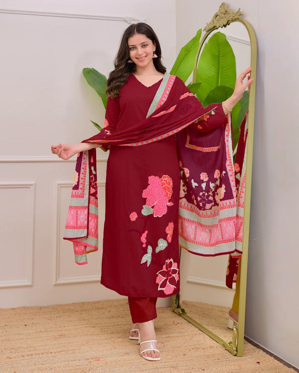Elegant Muslin Kurti-Pant-Dupatta Set
