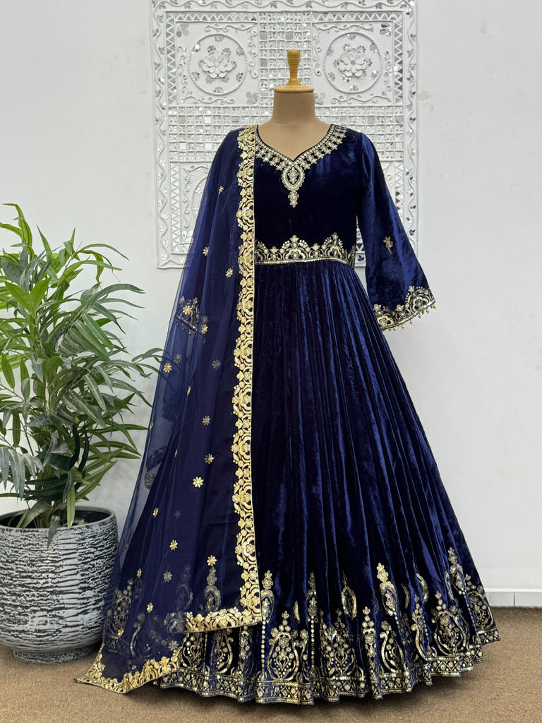 Beautiful velvet Long Gown - Pent With Dupatta Set