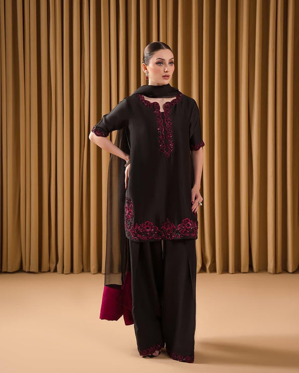 Pure French Crepe kurta plazzo with fine detailing of beads , Sequence handwork & embroidery work