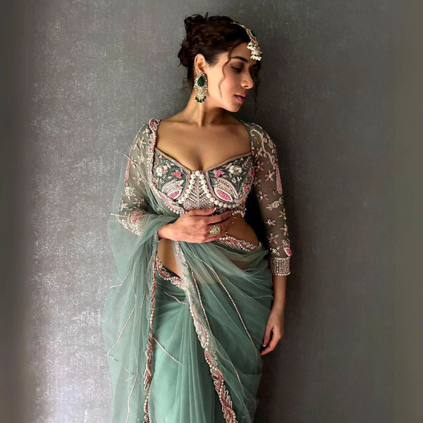 Premium net fabric with beautiful embroidery ,Dori and sequins work Blouse work Saree