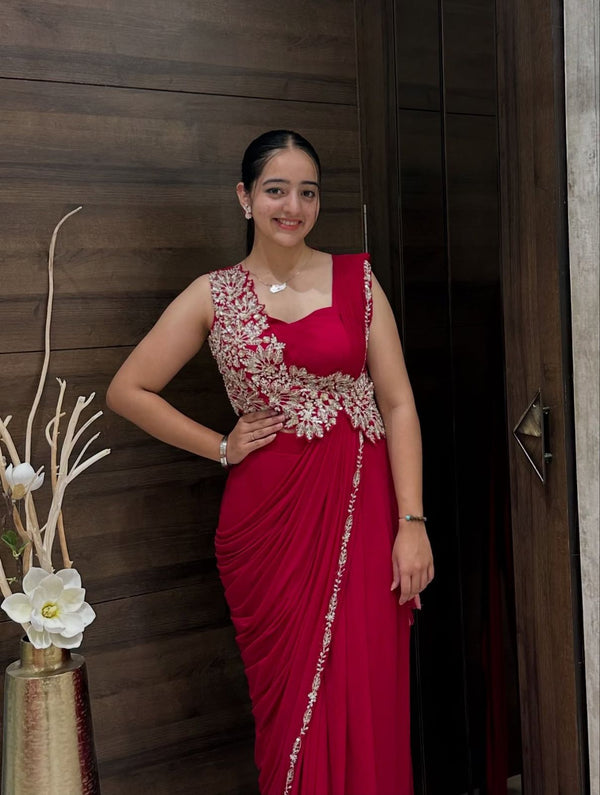 Trending Embroidery cording work ready to wear saree with Embroidery Blouse