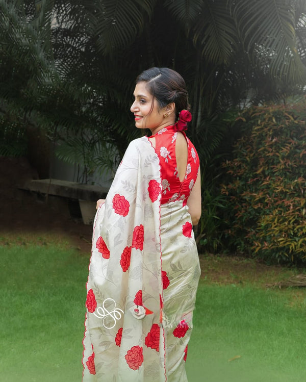 Heavy handloom tussar silk saree with rose digital print and arco border allover saree