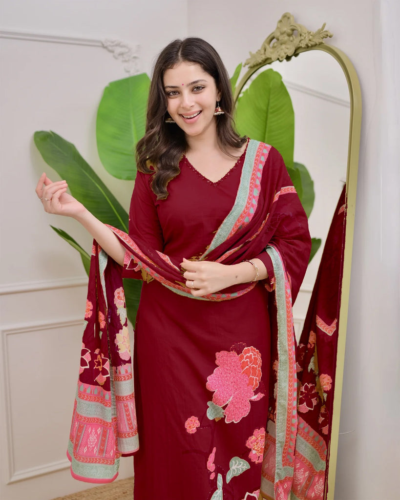 Elegant Muslin Kurti-Pant-Dupatta Set