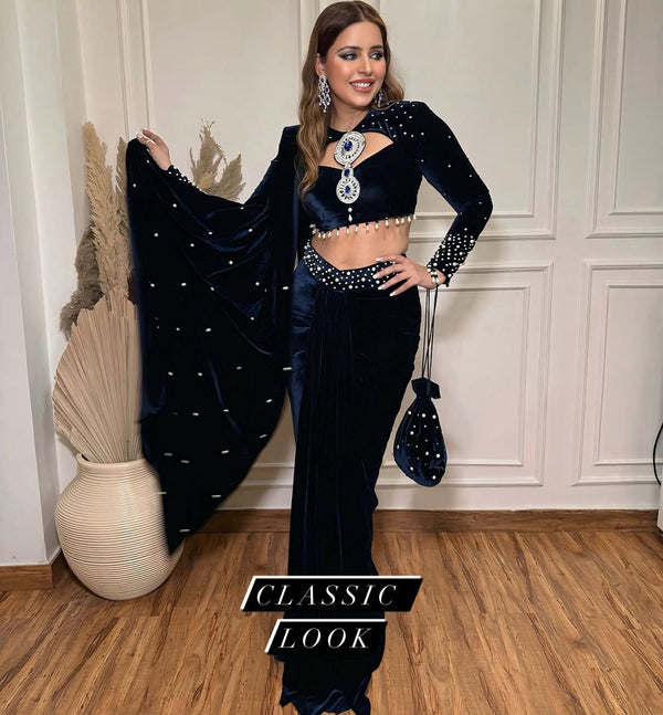 New Velvet Indo Western Drape Lehenga Saree