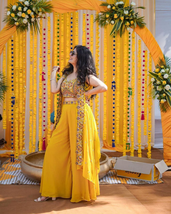 Haldi Rasam Special New Super Trending Embroidery cording work and Party Wear Shrug Lehenga