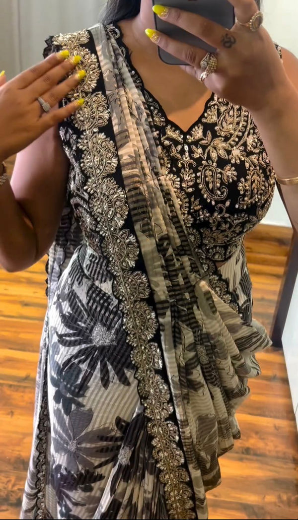 Saree with Embroidery Blouse Fully stitched