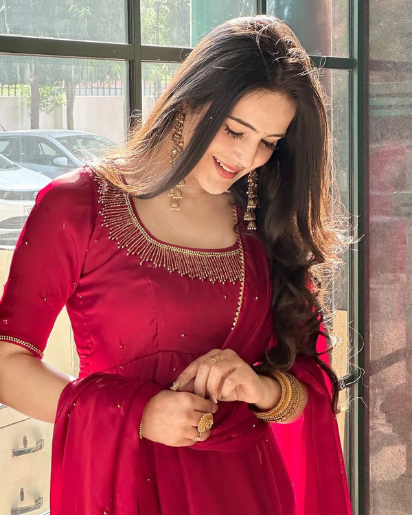 Heavy Fendy Silk Gown With Val Moti work