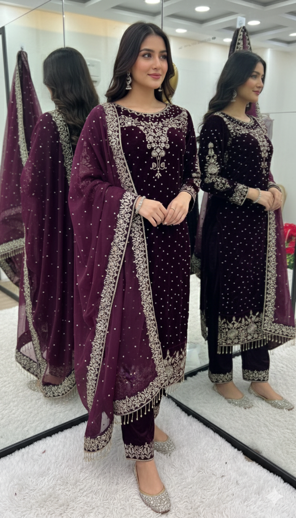 New Party Wear Viscose Velvet Designer Look Top-Dupatta and Fully Stiched Bottom With Heavy Embroidery Siquance Work