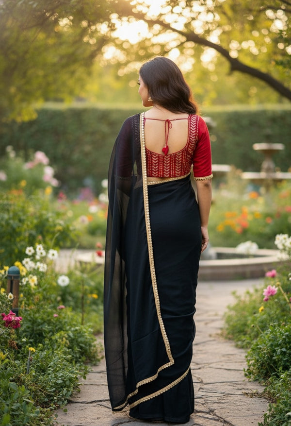 Black ELEGANT STAR GEORGETTE SAREE WITH STITCHED BLOUSE