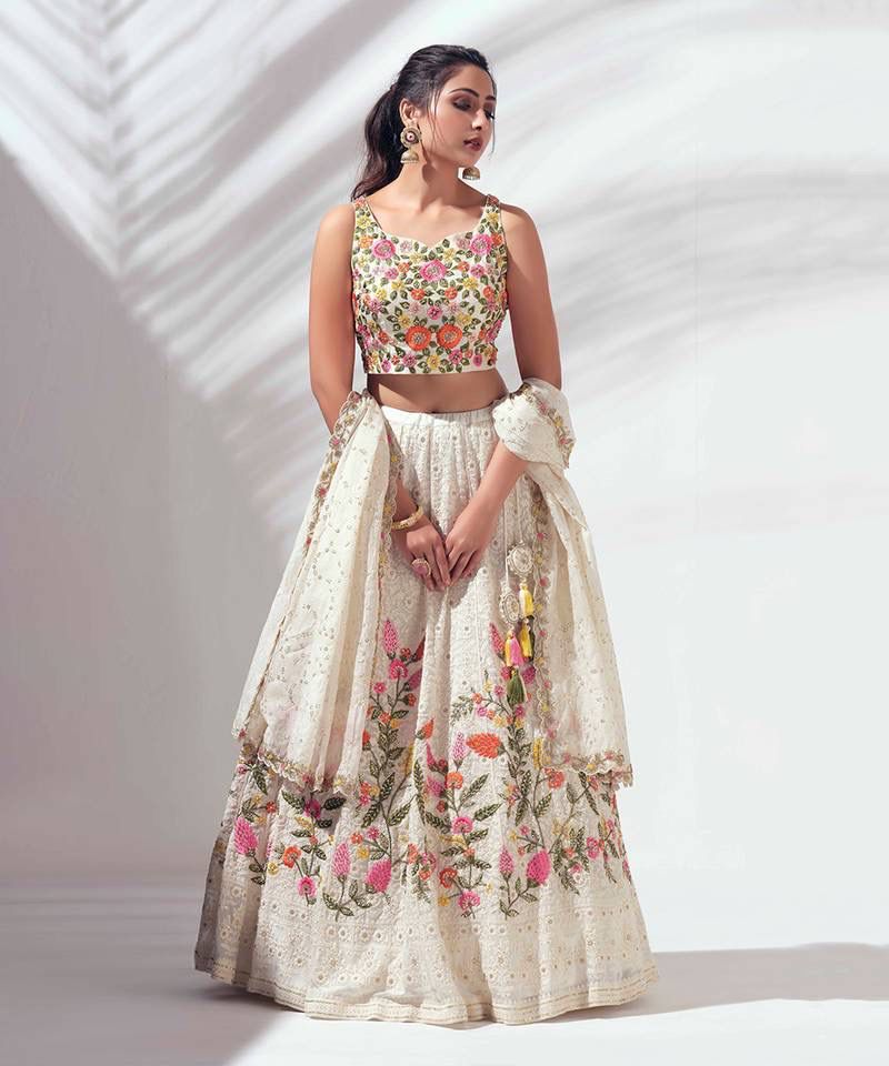 BRIDAL WEAR HEAVY FUAX GEORGETTE CHINE SEQUENCE WORK LEHENGAS CHOLI WITH DUPATTA