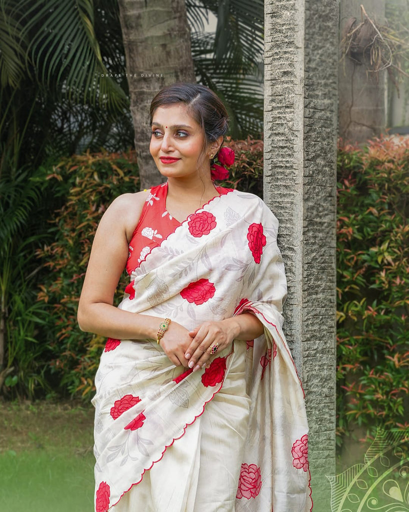 Heavy handloom tussar silk saree with rose digital print and arco border allover saree