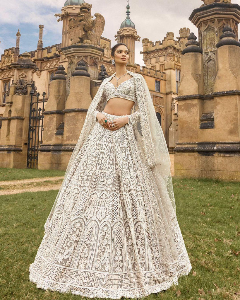 Net lehenga with sequins , dori & thread work