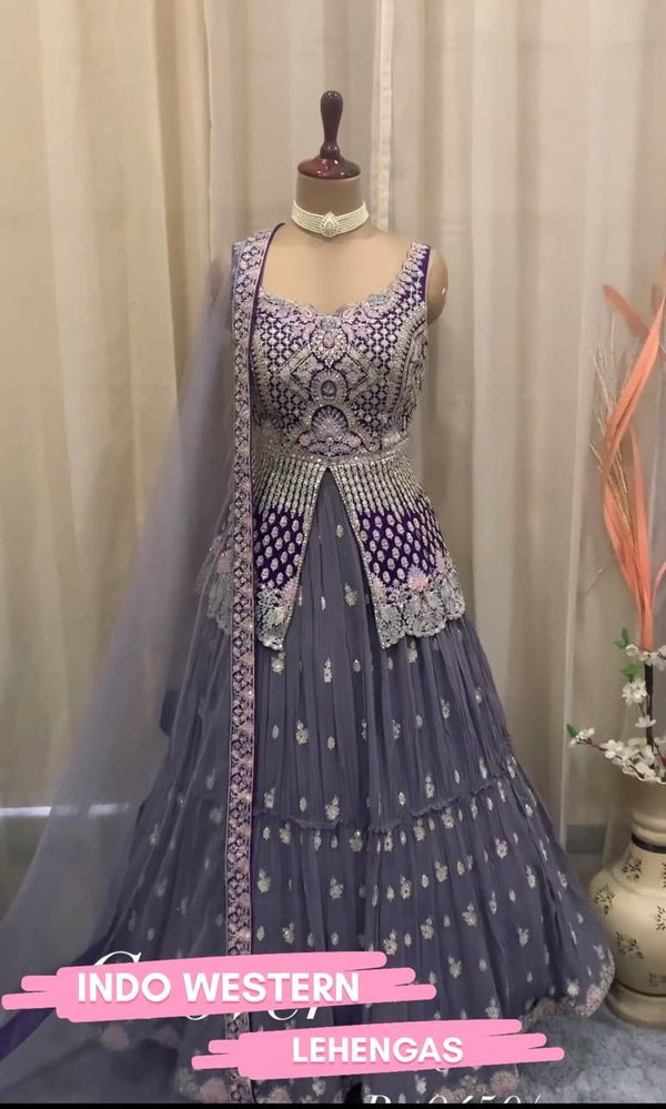 BRIDAL WEAR HEAVY CHINE STITCH WORK INDO WESTERN LEHENGAS WITH DUPATTA