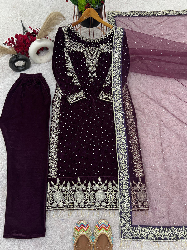 New Party Wear Viscose Velvet Designer Look Top-Dupatta and Fully Stiched Bottom With Heavy Embroidery Siquance Work