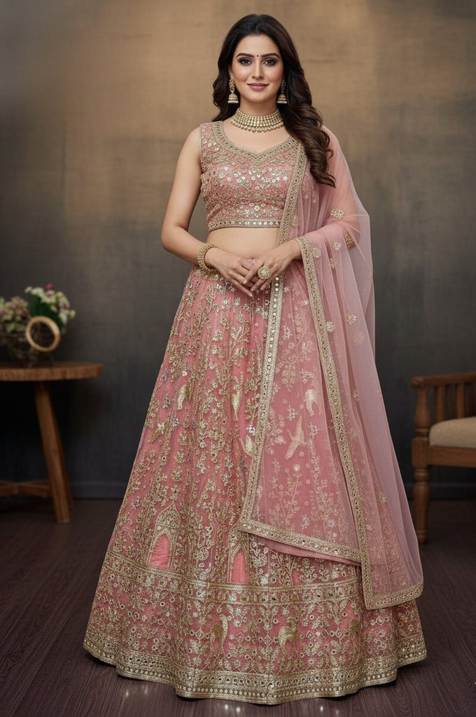 BRIDAL WEAR HEAVY EMBROIDERY CHINE STITCHED WITH REAL MIRROR HAND WORK LEHENGAS CHOLI