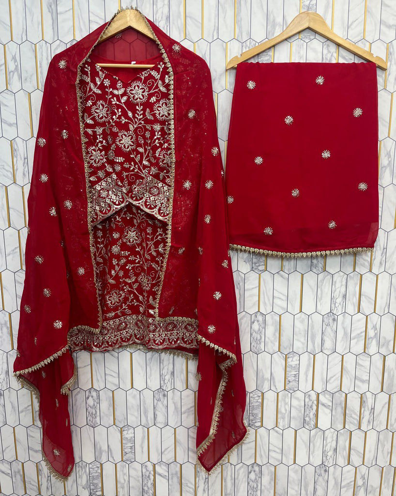 SPECIAL SEQUENCE EMBROIDERY ON SILK FABRIC TOP AND PLAZZO WITH DUPATTA SET