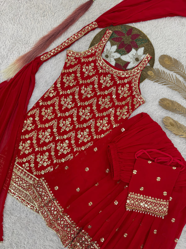 Embroidery Sequence Worked Top-Plazzo And Dupatta With Pocket Set Fully Stitched Ready To Wear