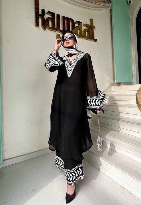 PARTY WEAR TOP WITH FANCY CHINE STITCHED WORK PLAZZO