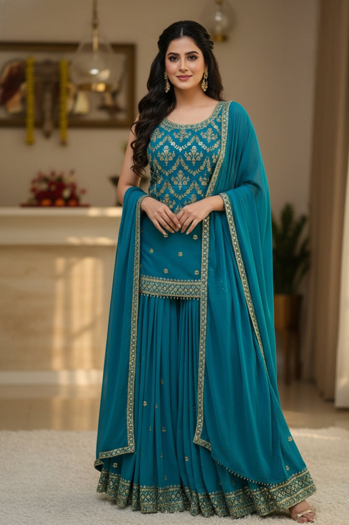 Premium Quality With Embroidery Sequence Worked Top-Plazzo And Dupatta With Pocket Set Fully Stitched Ready To Wear