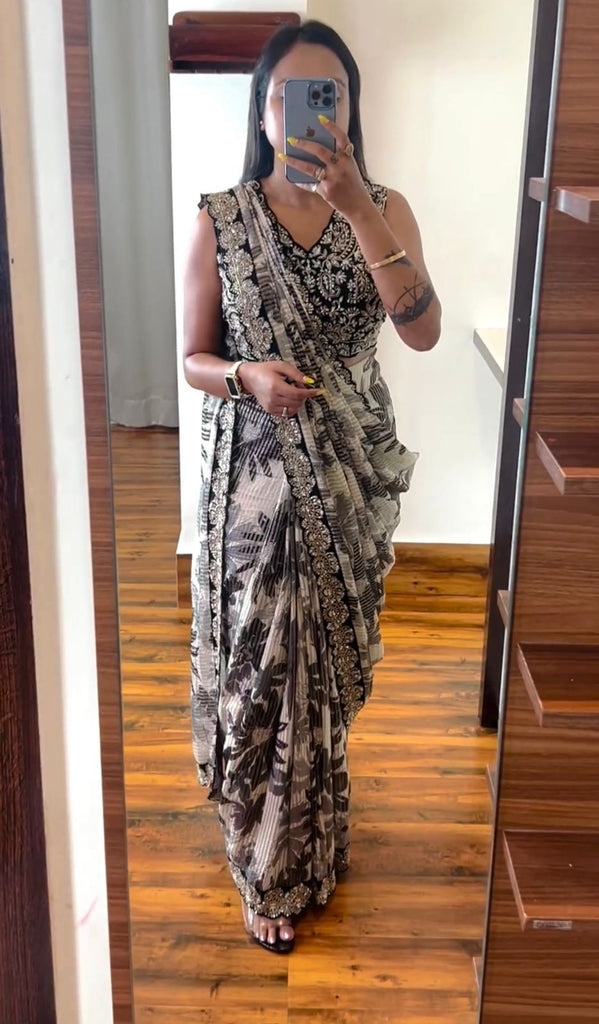 Saree with Embroidery Blouse Fully stitched