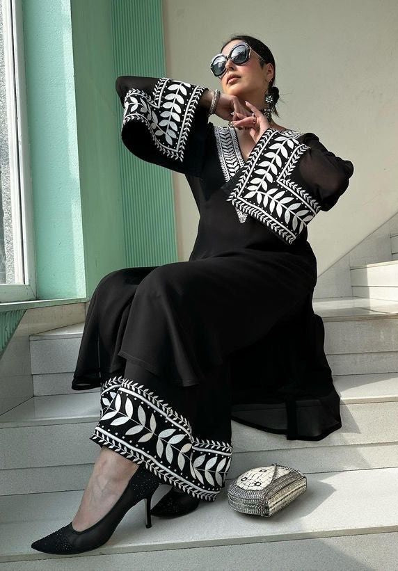 PARTY WEAR TOP WITH FANCY CHINE STITCHED WORK PLAZZO