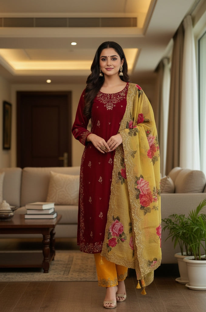 TRANDING VELVET COLLECTION 3 PIECE KURTI, BOTTOM WITH EAUTIFUL DUPATTA