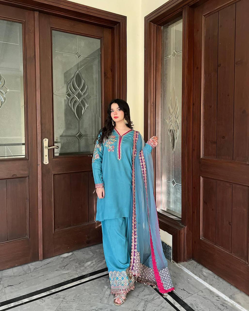 Designer Party Top Pallazo & Dupatta Set