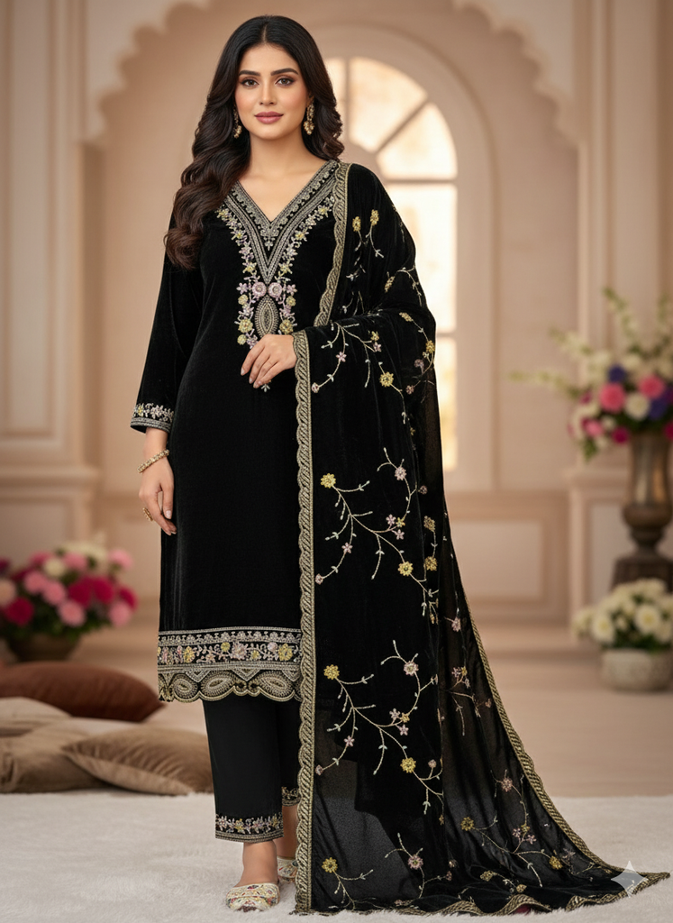 WINTERWEAR SEASON COLLECTION WITH HEAVY PURE VISCOSE VELVET AND HEAVY EMBROIDERY SEQUENCE WORK TOP-BOTTOM AND DUPATTA SET FULLY STITCHED