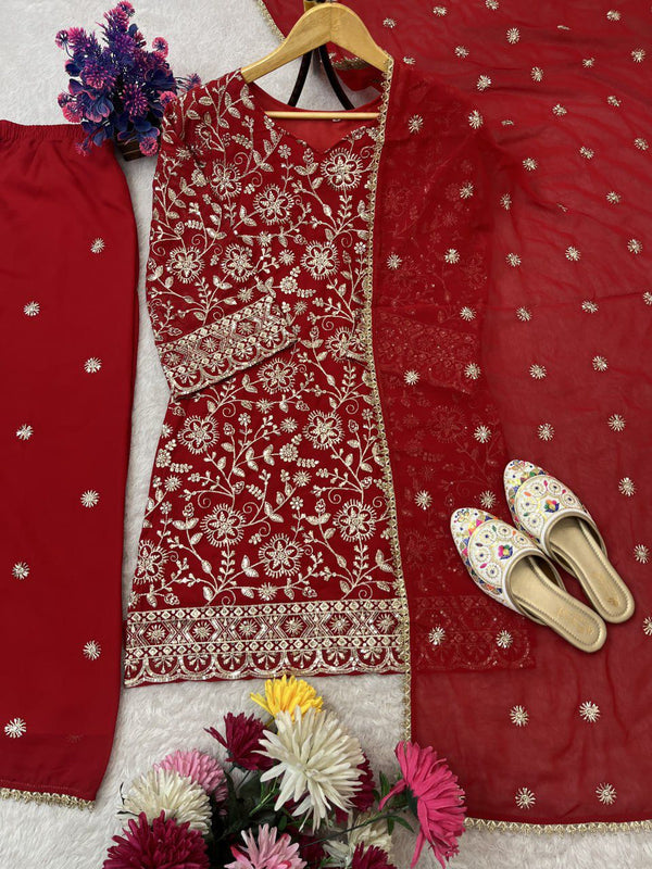 SPECIAL SEQUENCE EMBROIDERY ON SILK FABRIC TOP AND PLAZZO WITH DUPATTA SET