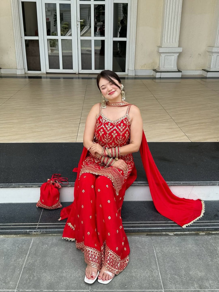 Embroidery Sequence Worked Top-Plazzo And Dupatta With Pocket Set Fully Stitched Ready To Wear